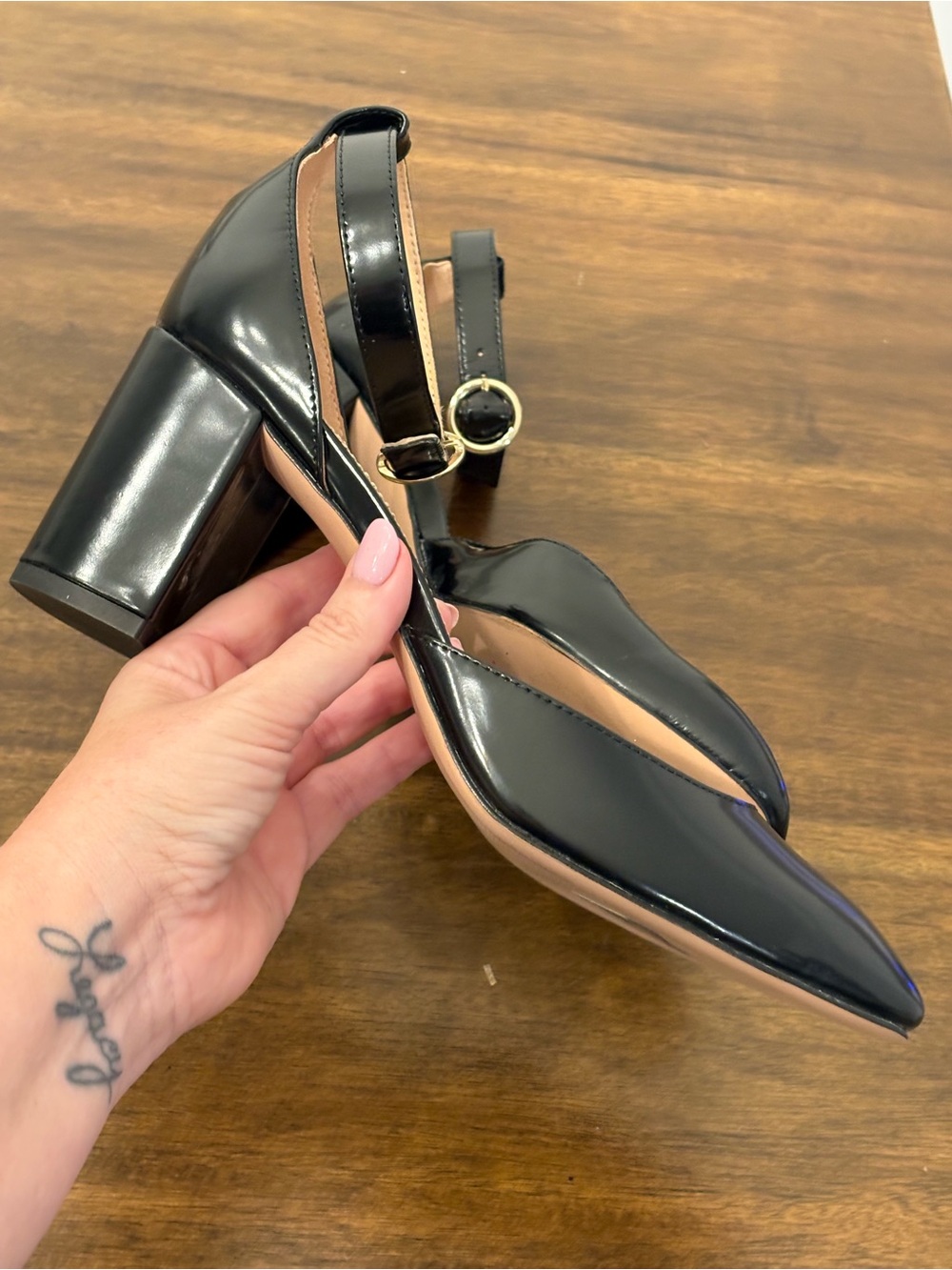 J.Crew Maisie Ankle-strap heels in black with gold buckle, block heel. Preppy